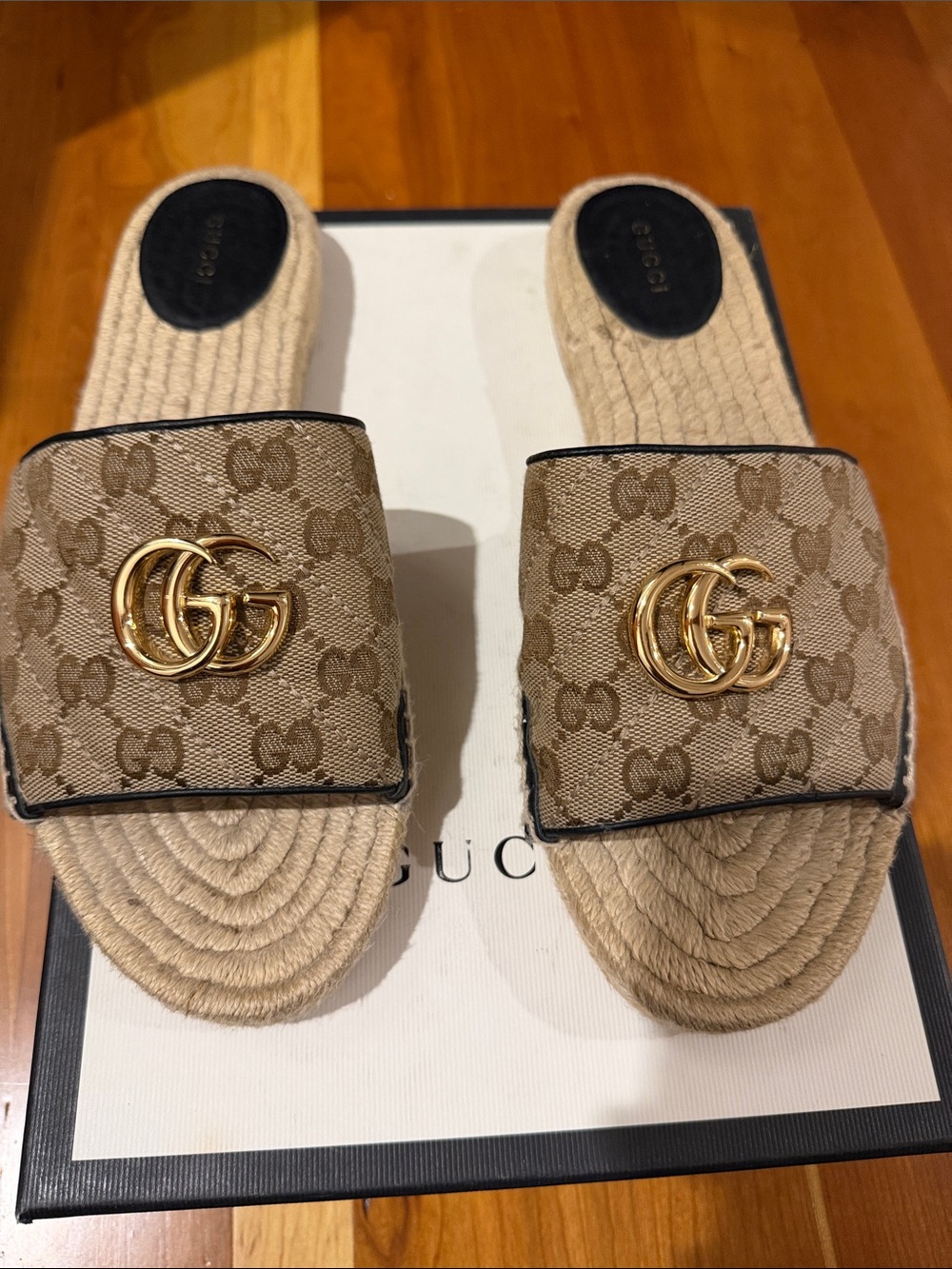 Gucci Tan GG Canvas Slide Mules with Gold Double G